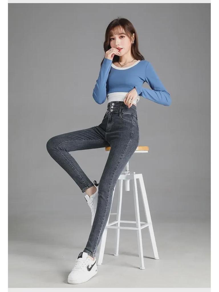 Женские обтягивающие джинсы с высокой талией и тремя пуговицами, эластичный крой, осенне-зимний стиль Nine-Point