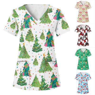 Женские топы с короткими рукавами и v-образным вырезом с рождественским принтом, рабочая блузка с карманами