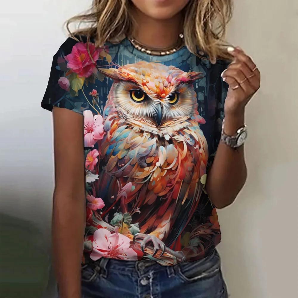 Vintage Animals Print Women's T Shirts Summer Fashion Short Sleeve Top 3d Owl Print Oversized Female Clothing Ladies Holiday Tee