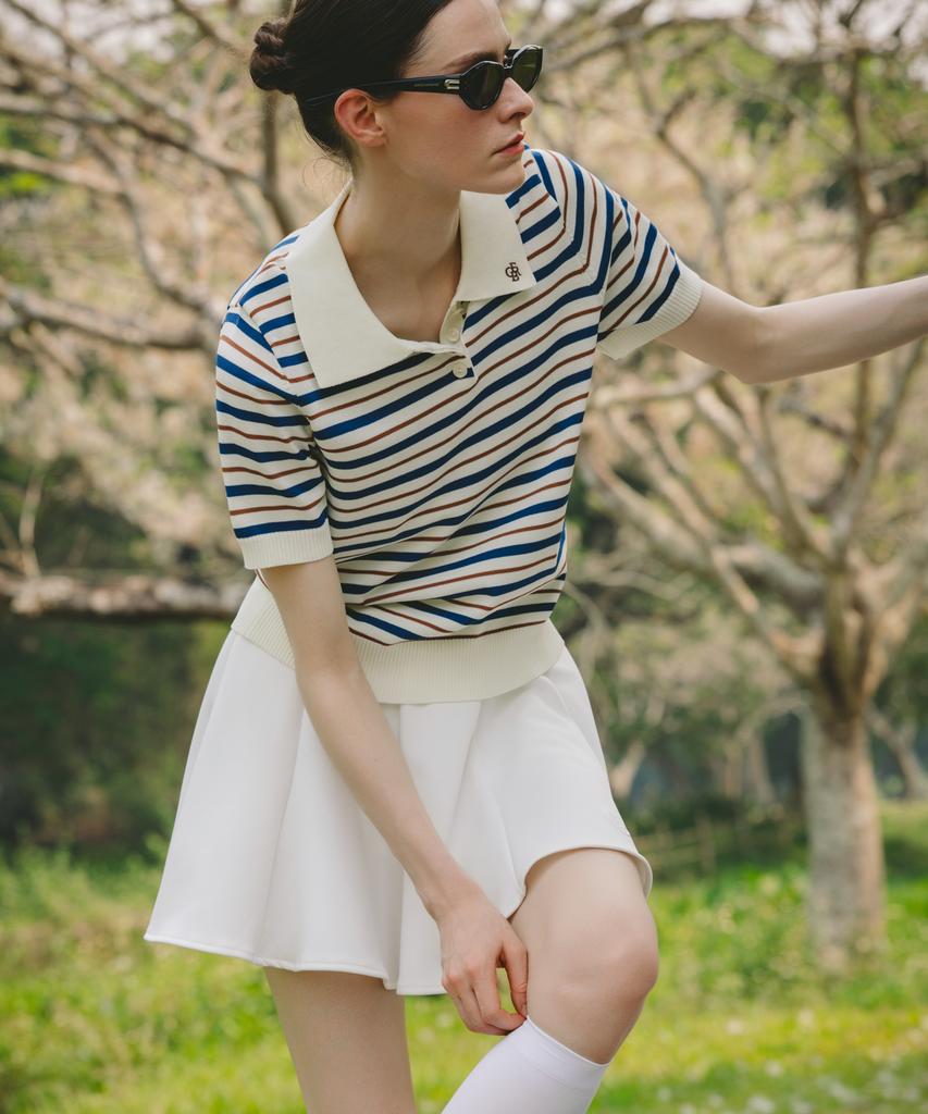 OBER GOLF Cool Stripe Polo Knit Top (Light Beige)