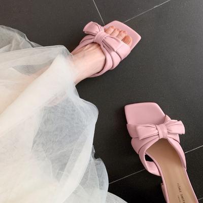 [] Сад мечты _sw квадратный носок узор овечки бант толстый каблук шлепанцы женские сандалии носить лето