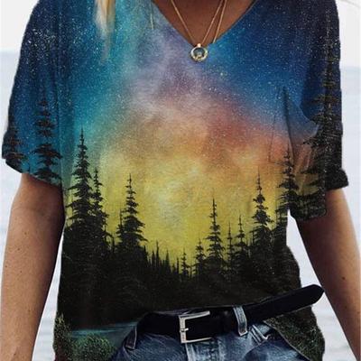Модные весенние блузки с лесным принтом, футболки с коротким рукавом и V-образным вырезом, повседневные