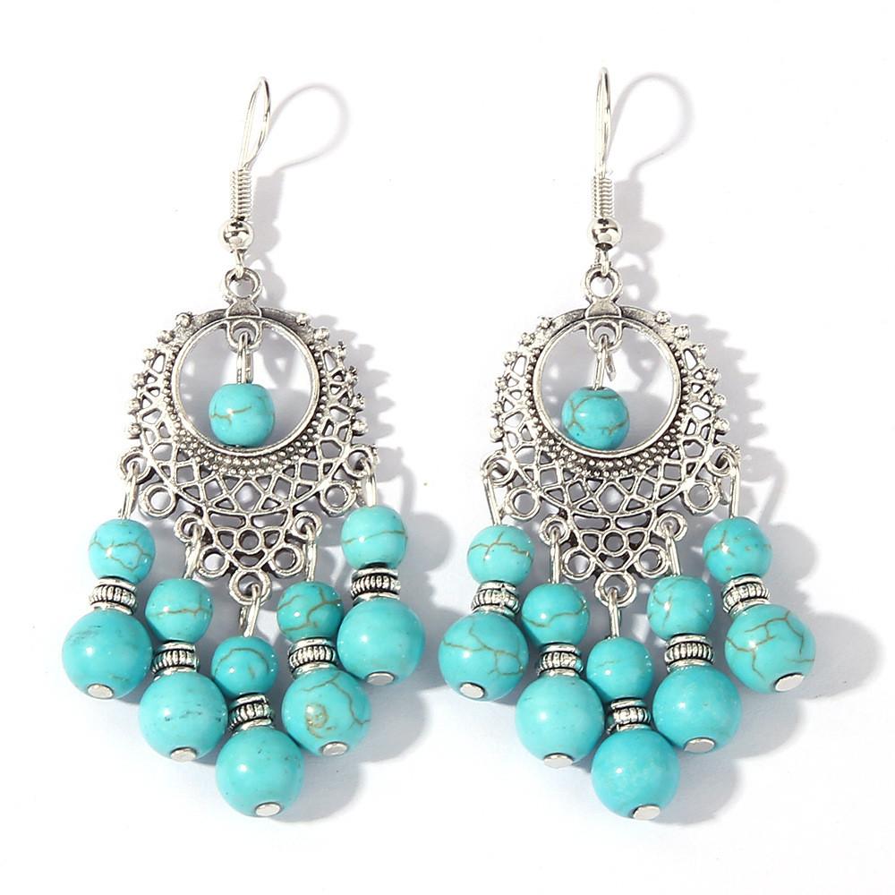 Ethnic Simulation Turquoise Beaded Earrings With Silver Filigree For Casual Wear