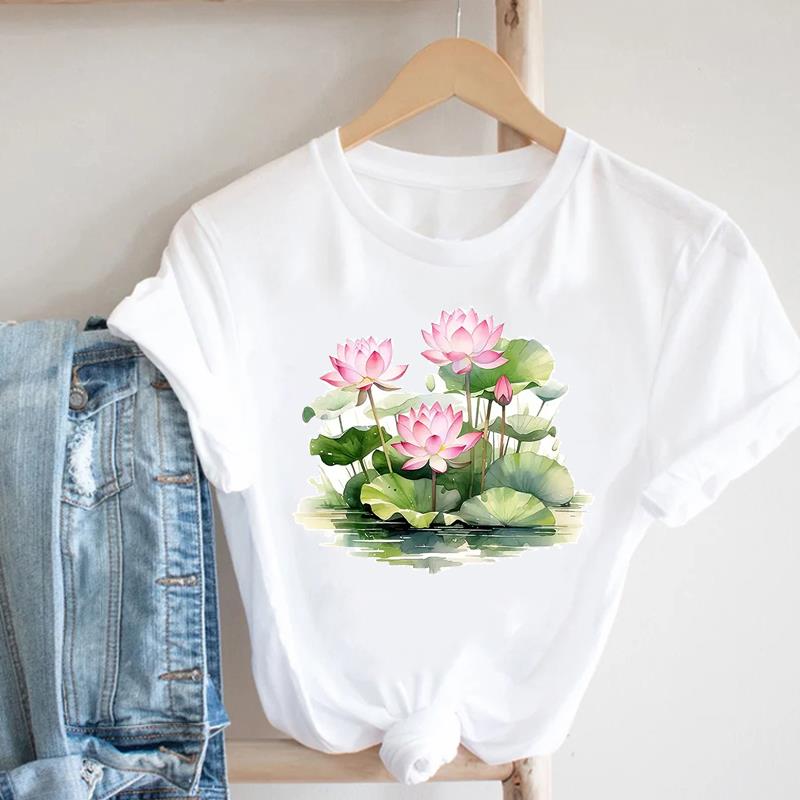 (Asian Size) Short Sleeve T Shirt Watercolor Flower Style 90s Fashion Women Casual Tee Top Clothing Print Ladies Female Graphic T-shirts