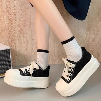 Универсальные уродливо-милые круглоголовые платформенные популярные маффиновые парусиновые туфли женские 2025 весна новые увеличивающие рост большеголовые повседневные кеды