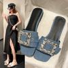 Fashion Rhinestone Sandalias Slippers Outside Wear Female 2024 Summer Square Head Beach Shoes Fashion Versatile Denim Flat Shoes Luxury
