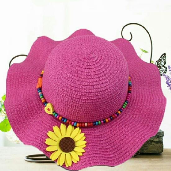 Шляпа от солнца для мальчиков и девочек, солнцезащитный дизайн, дышащая пляжная шляпа, волнистые поля, желтые цветы, бусины, плетеная соломенная шляпа