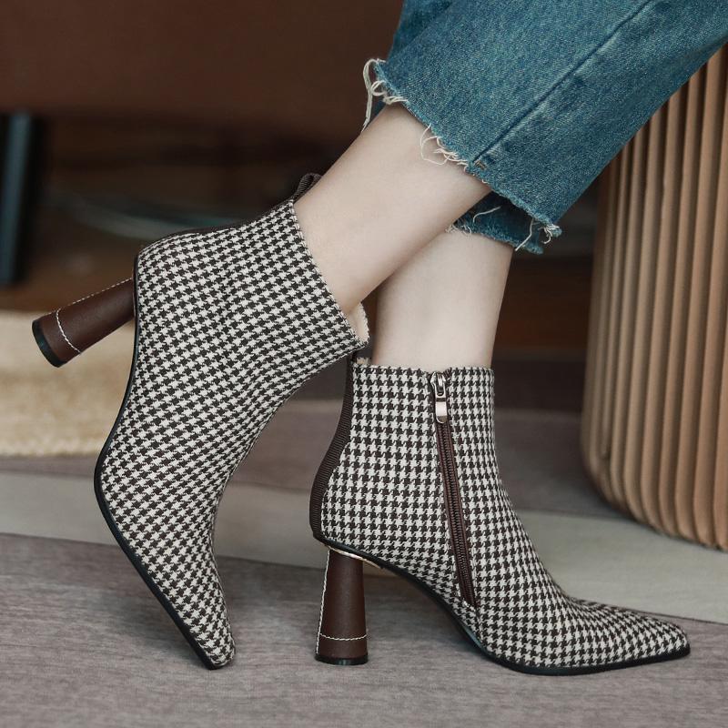 Ankle Boots Women's Sexy Strange Style 2024 Autumn New Shoes Woman Shoes High Heels Retro Gingham Modern Boots Pointed Toe Shoes