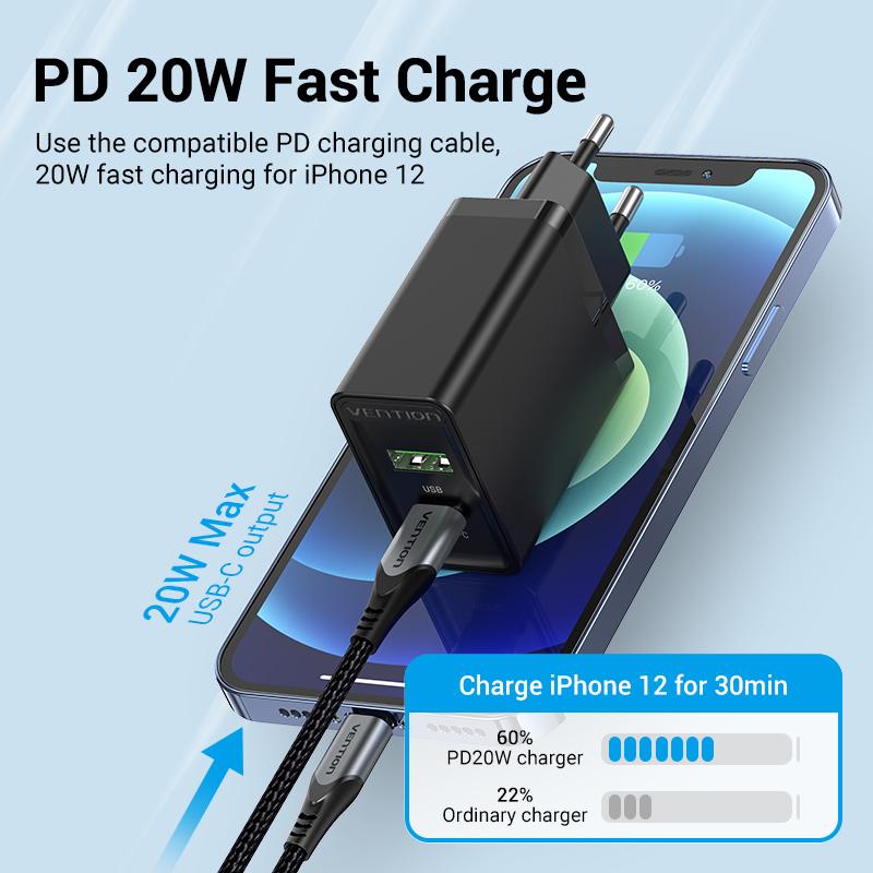 38W Fast USB Charger Vention Type C PD Fast Charging for iPhone 13 11 USB Quick Charge with QC 4.0 3.0 USB Portable Phone Charge