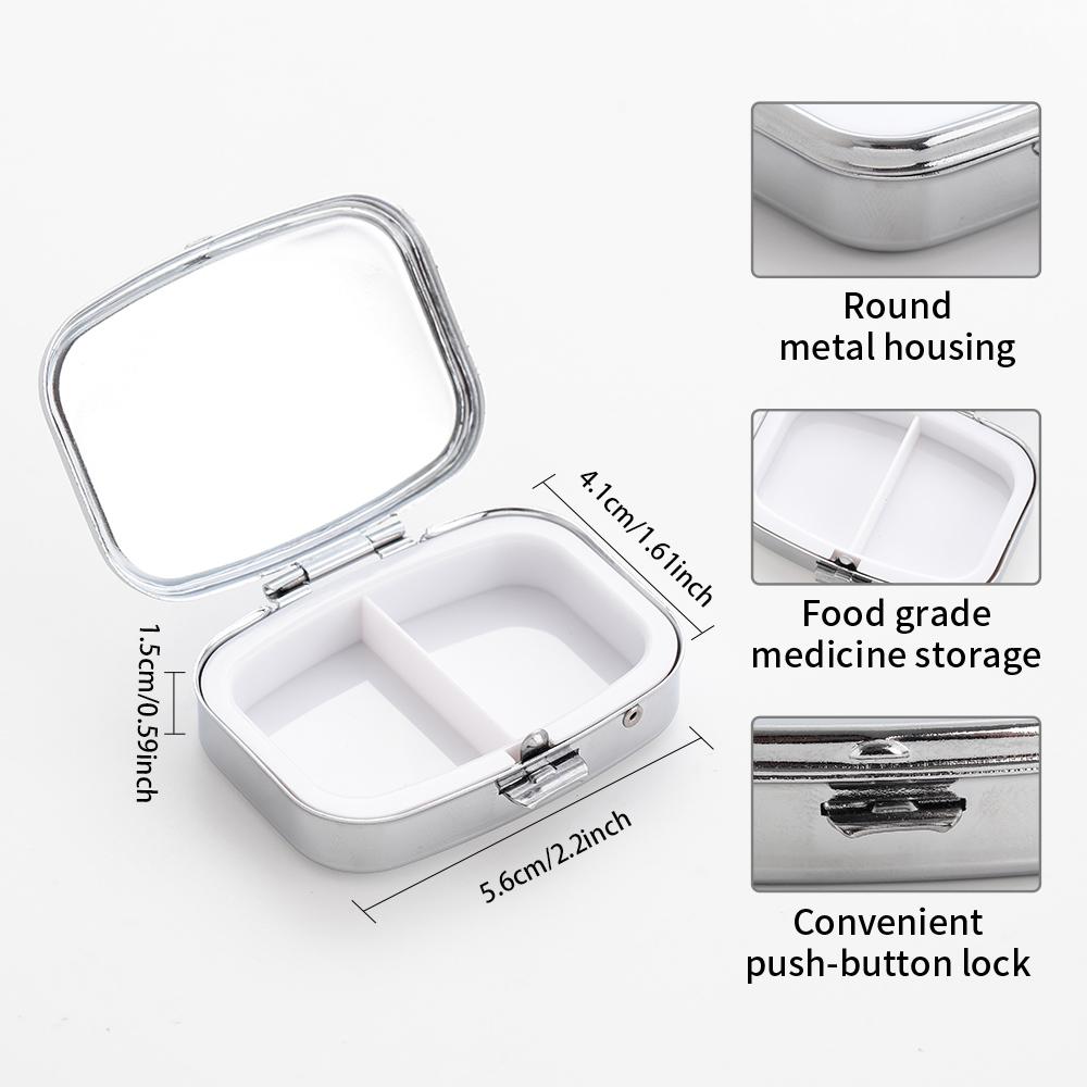 Portable Pill Box with 2 Compartments, Mini Metal Medicine Organizer Case, Cute Printed Pill Container for Vitamins, Pills, Jewelry, Travel, Daily Use