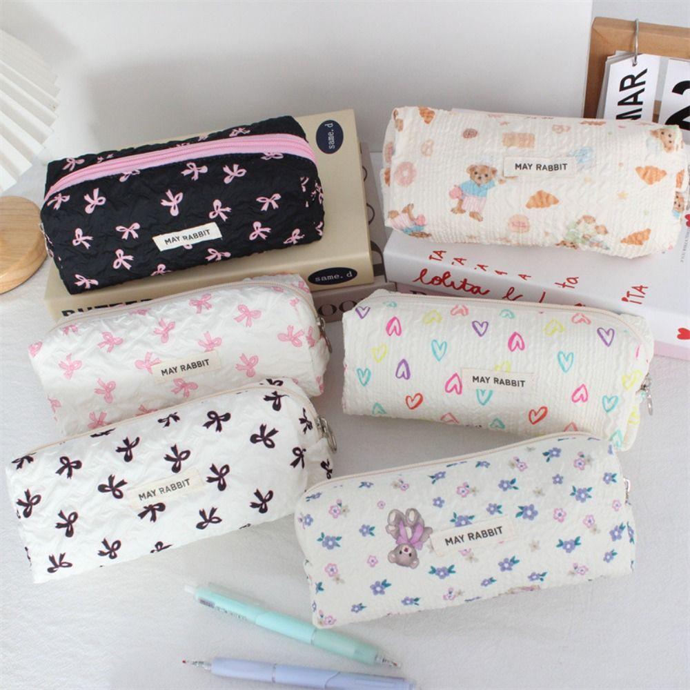 Large Capacity Bow Print Pencil Case INS Makeup Bag Simple Pen Bags Back to School Gifts