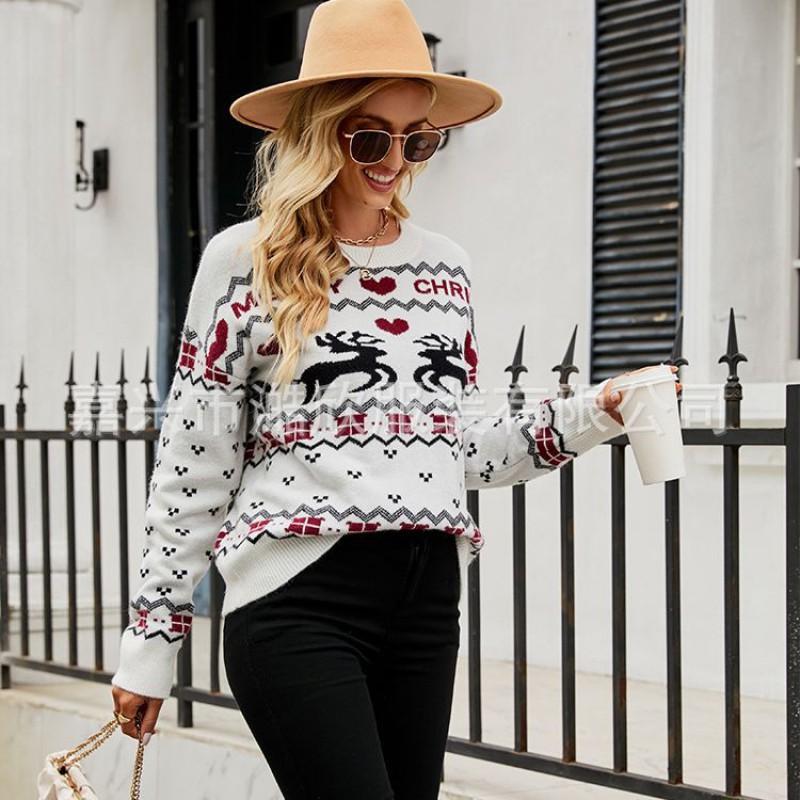 Womens Winter Knit Sweater With Deer Motif Heart Loose Fit Christmas Pullover In White
