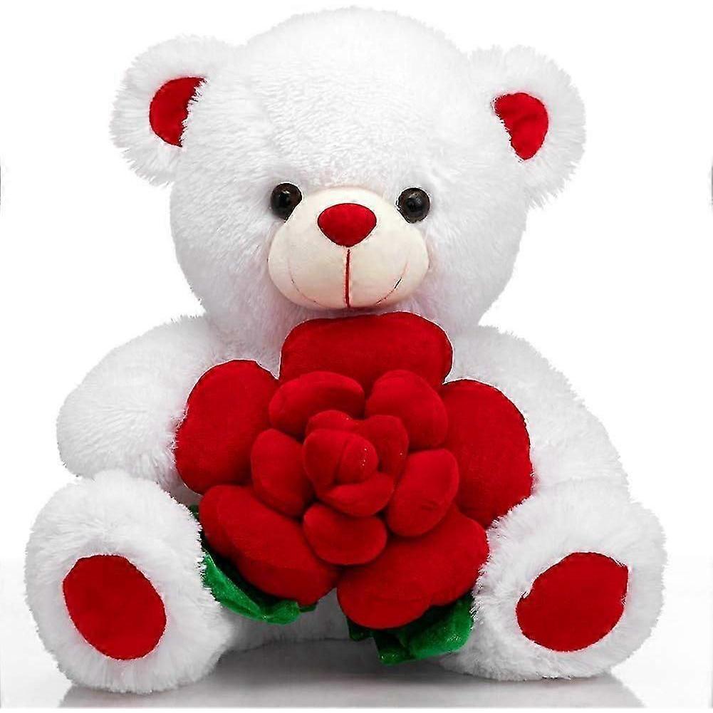 Teddy Bear Stuffed Animals Plush Bear Holding Rose Soft Plush Toy Valentine's Day, 16 Inch, White