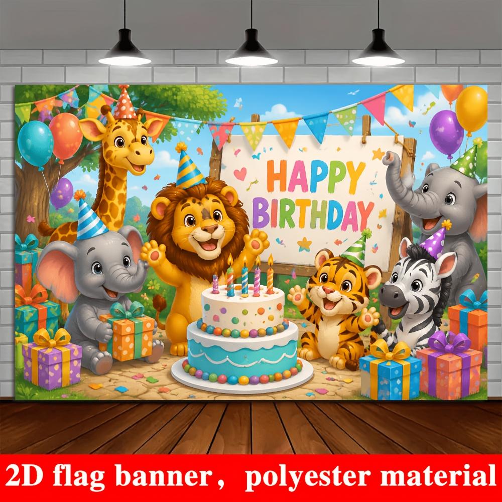 One 2D flag birthday party banner background cartoon zoo theme