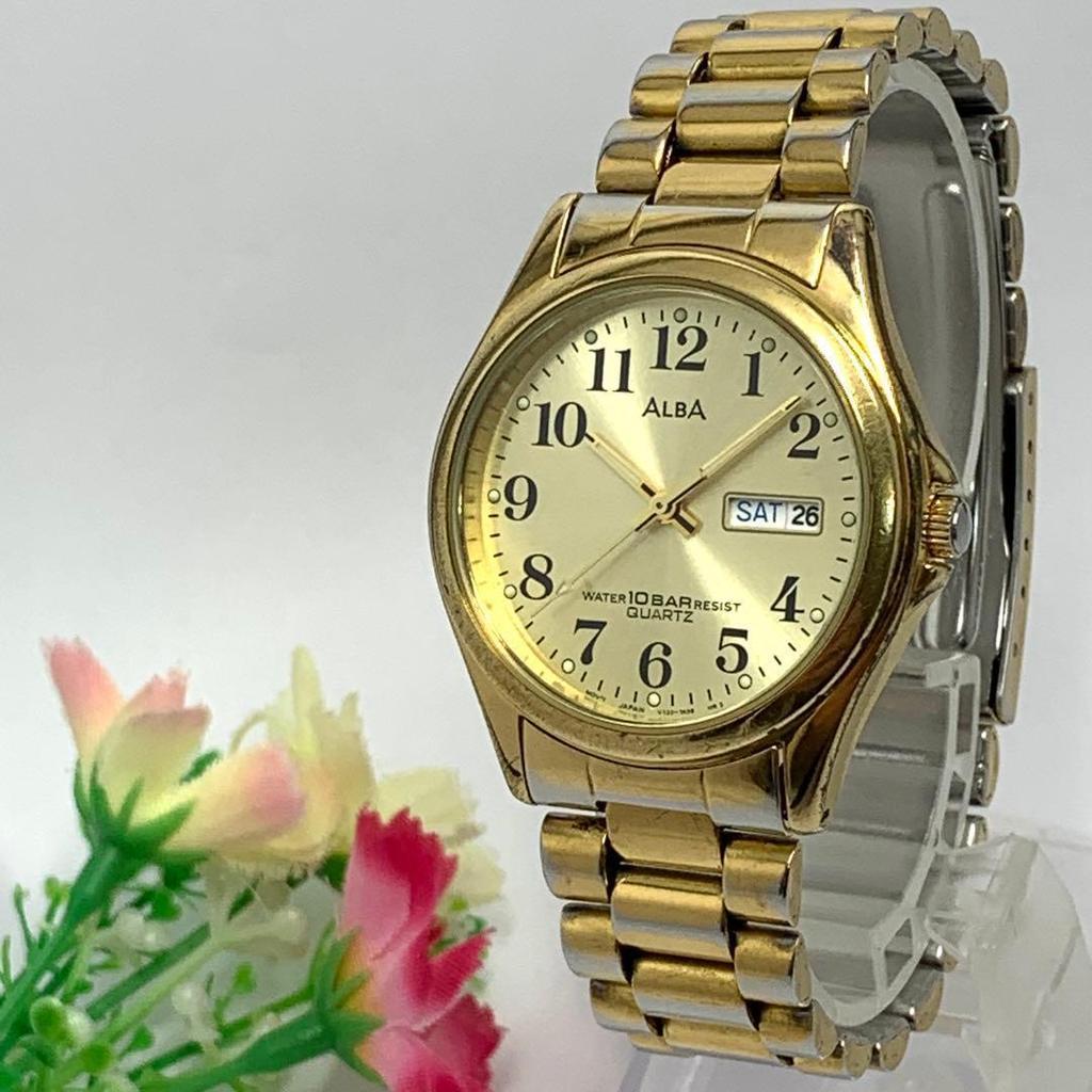 Used 594 [Battery Replaced, Cleaned] Working SEIKO Men's Watch Seiko ALBA Gold Calendar Quartz Arabic Numerals Vintage