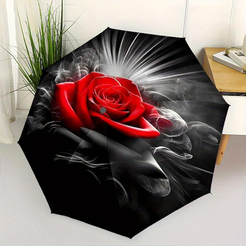 Rose, Smoke Automatic folding umbrella simple eight rib design, bright color pattern, durable iron frame, ideal for travel and outdoor, bea