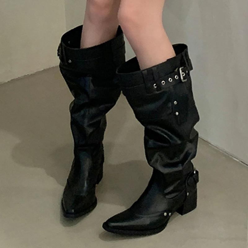 2025 Ретро Дизайн Плиссированный Острый Носок Ремешок с Пряжкой Женские Сапоги до Колена Обувь на Низком Каблуке Осень Длинные Женские Ботинки