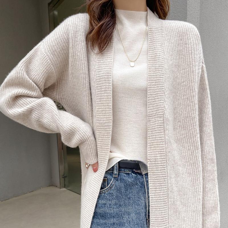 Вязаный женский кардиган осень-зима повседневный V-образный вырез средней длины пальто модный свободный однотонный офисный женский свитер