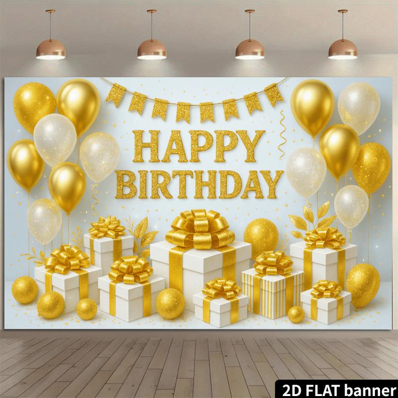 Flat high-end gold-white birthday background banner including glittering gold birthday text + gold-white balloons.PMJ