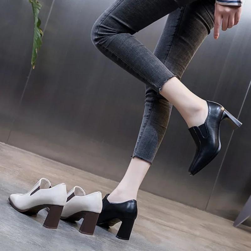 Autumn Women Pums Cozy Work Shoes Slip-On 2024 Vintage Pumps Dress Prom Career Thick Heel 7cm Ladies Shoes Square Toe Pumps