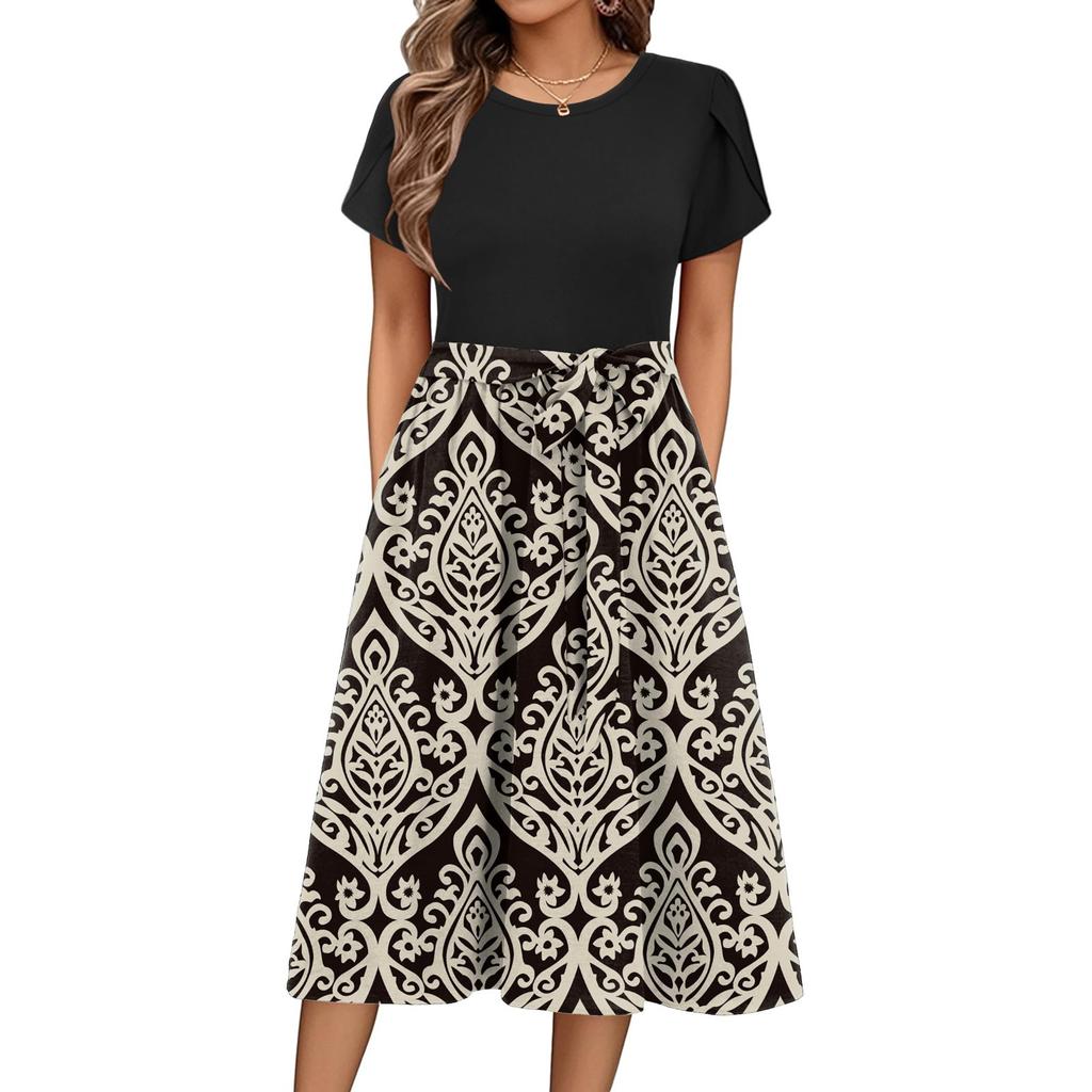 Женское повседневное платье миди с милым узором и круглым вырезом, классическое повседневное свободное платье с коротким рукавом