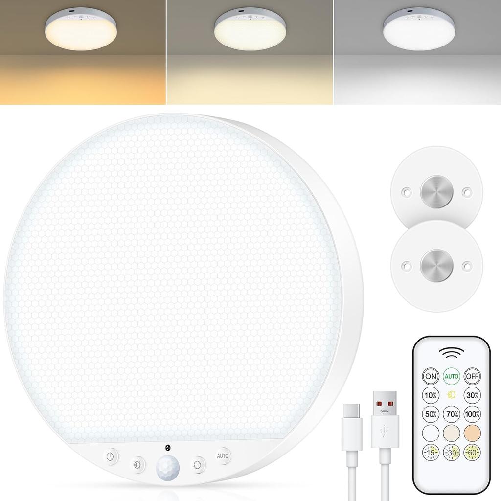 Rechargeable 6W Motion Sensor Light Indoor for Closet,Ceiling&Shower,2-Pack | No Wiring & Magnetic Stick-on Installation•Remote Control•5