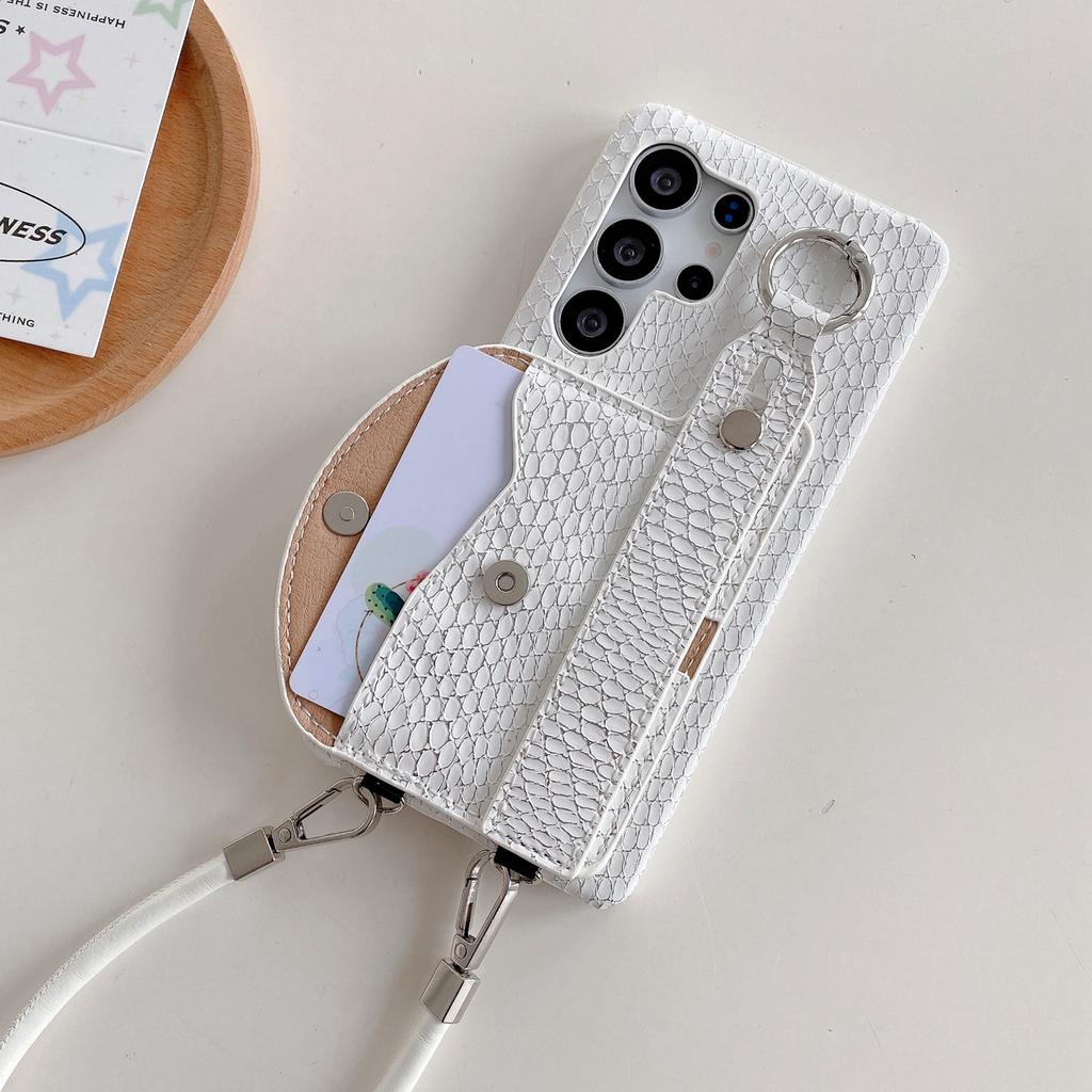 For Samsung Galaxy S24 Ultra Case Card Holder Wristband Lacquered Snake Texture PU + PC Back Cover with Lanyard