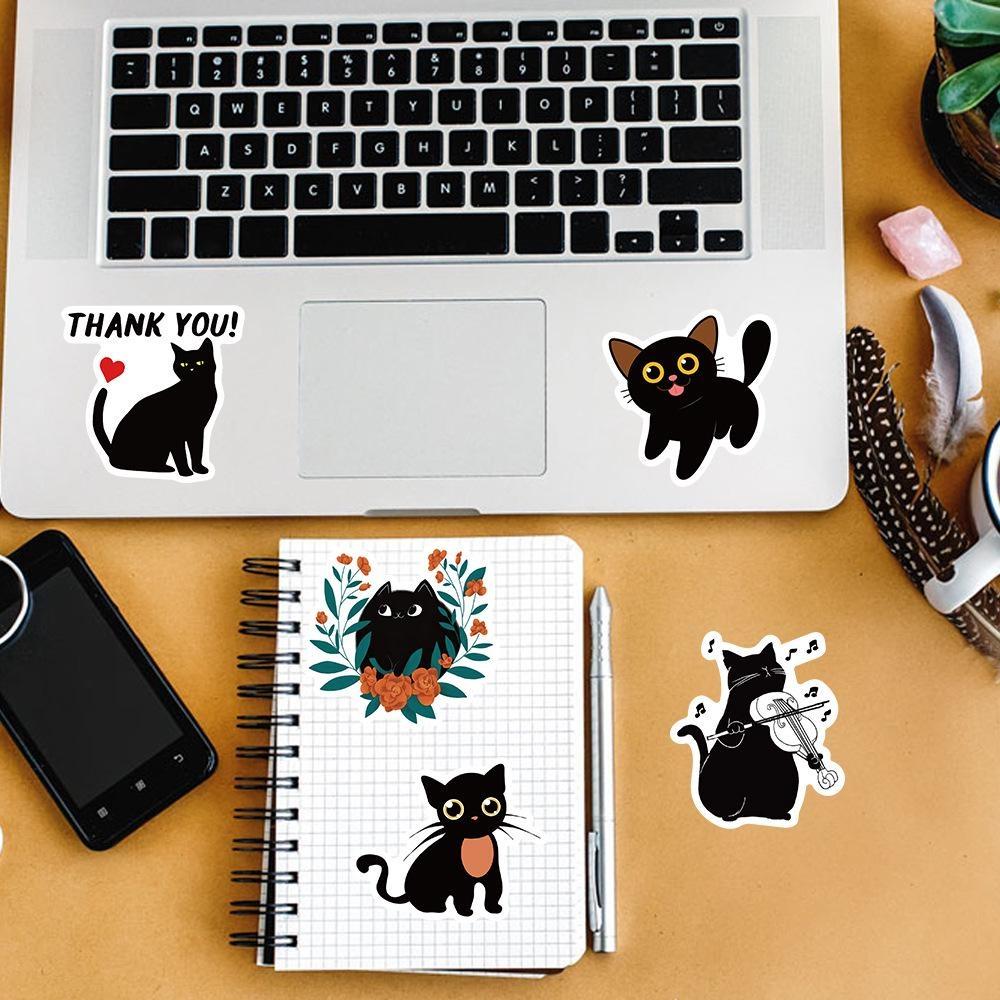 50/100 наклейки с черным котом, водонепроницаемые виниловые декоративные бутылки для воды, ноутбука, телефона, гитары, подарок для детей