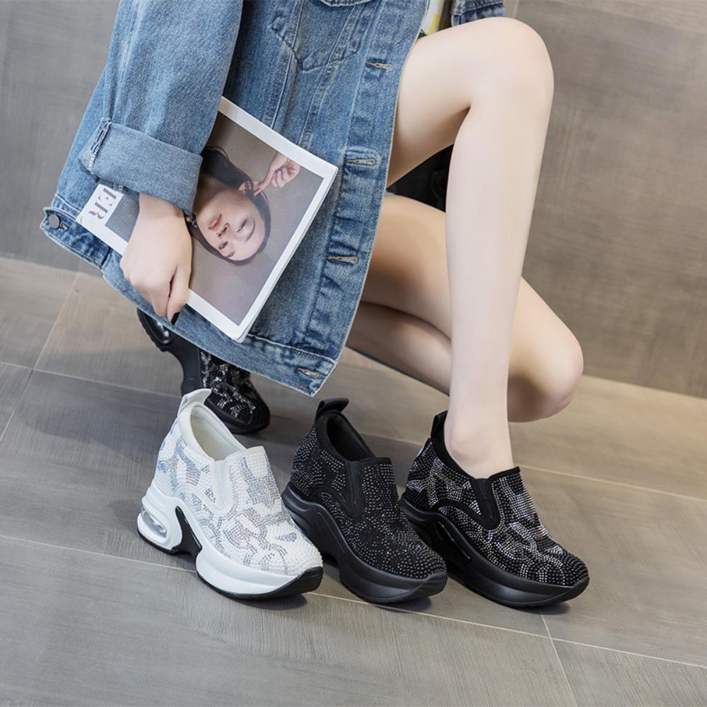 Женская обувь 2025 Весна Осень Новые Повседневные Кроссовки на Высоком Каблуке Женские Спортивные Кроссовки с Толстой Подошвой Water Diamond Air Cushion Кроссовки