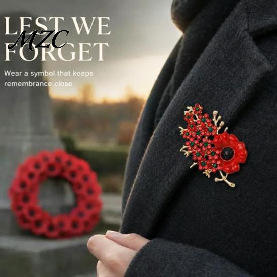 Alloy Floral Brooch Never Forgotten Victory Blossom Brooch, Red Flower Lapel Pin History Keepsake with Rhinestone, Memorial Badge Jewelry for Veterans