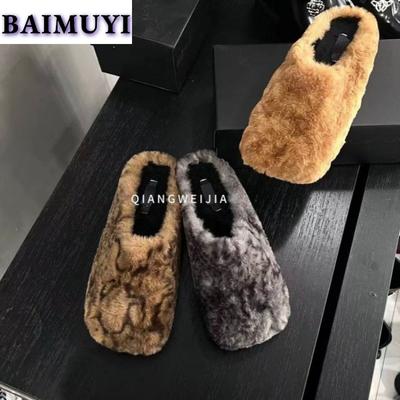 Леопардовые пушистые женские тапочки на плоской подошве с мехом, зимние хлопковые туфли с квадратным носком, дизайнерская тенденция 2024 года, новый бренд, плюшевые зимние ботинки Mujer