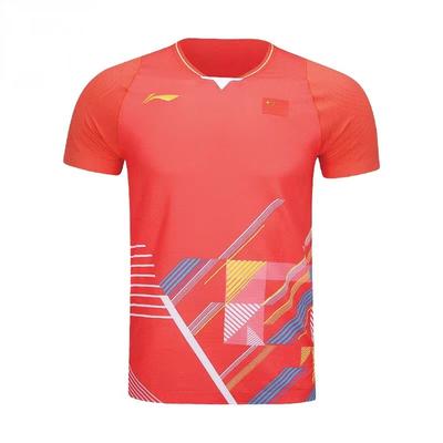 Мужская рубашка для бадминтона Li Ning с V-образным вырезом, быстросохнущая, с коротким рукавом, красная AAYT581-2