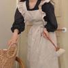 Home Cotton Linen Pinafore with Lotus Leaf Lace Japanese Korean Flouncing Kitchen Coffee Shop Working Falbala Apron Kawaii