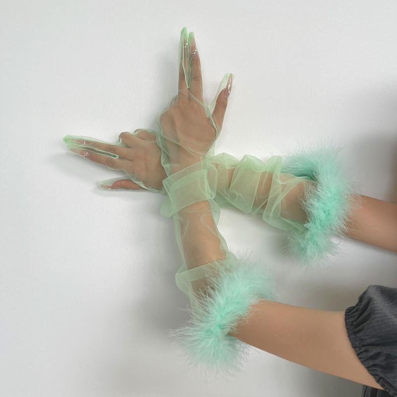 Summer Feather Gauze Thin Sunscreen Long Gloves Personality Tulle Sheer Bride Wedding Gloves Party Accessories