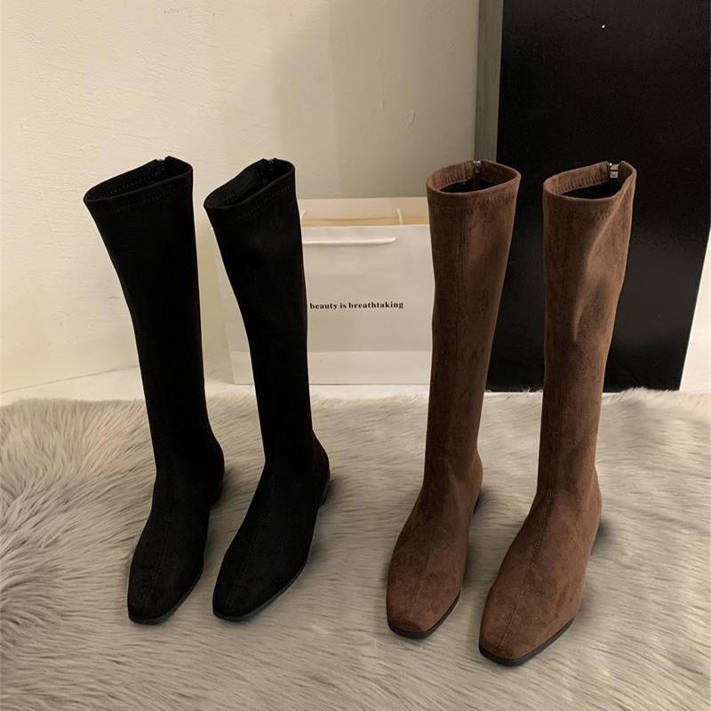 Зимние винтажные облегающие женские сапоги до колена, дизайнерские туфли на толстом каблуке, современные длинные боты для женщин