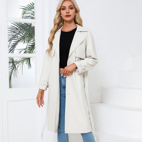 Fall Winter Women Coat Faux Leather Mid Length Pure Color Lace-up Belted Waist Button-down Turn-down