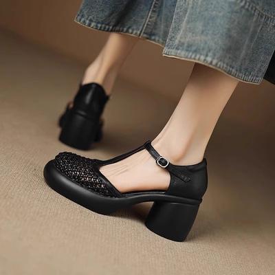 Версия из овчины~ Босоножки с закрытым носком женские 2025 лето новые на мягкой подошве ретро плетеные перфорированные на толстом каблуке с Т-образным ремешком туфли-одинарки