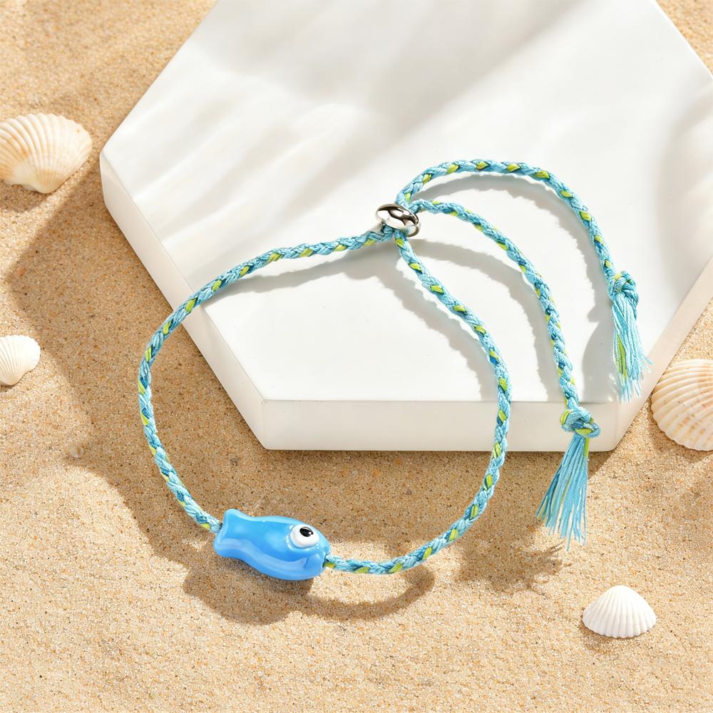 Trendy Multicolored Ceramic Fish Bracelet for Women Adjustable Handmade Woven Rope Wristband Bobo Jewelry Summer Beach Party