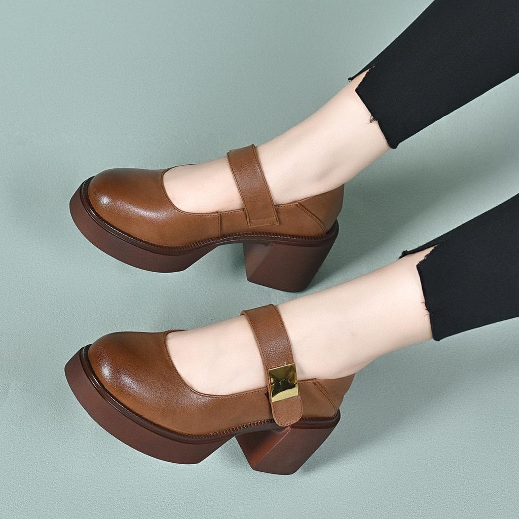 Platform Shoes Women's Spring Round Head Buckle Mary Jane Single Shoes First Layer Cowhide Muffin and Shallow Mouth Women's Shoes