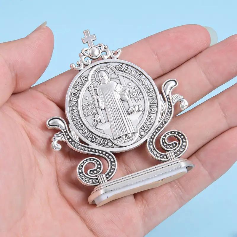Cross Craft Ornament Enamel Metal Saint Benedict Statue Car Home Office Table Decoration Religious Blessing Decor