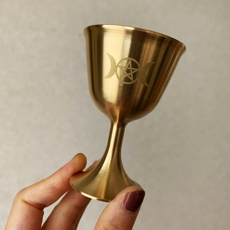 62KD Ritual Cup Altar Goblet Wicca Gold Plating Brass Ceremony Moon Divination Astrological Tool Witchcraft Prop Supplies