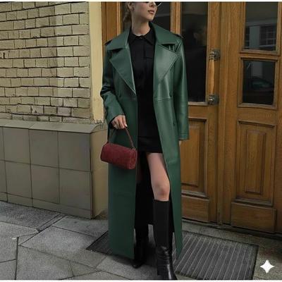 Женский тренч из натуральной кожи зеленый ручной работы из новой ягнячьей кожи повседневного кроя мягкий