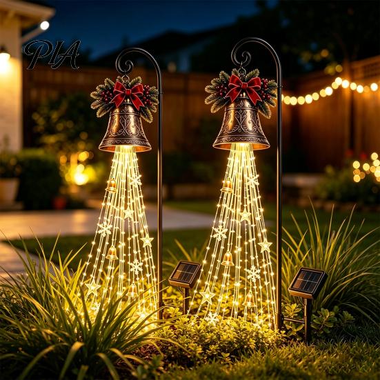 Теплый белый светодиодный гирлянда на солнечных батареях, Рождественский садовый светильник, Металлический колышек для улицы, Звезда, Снежинка, Водопад для атмосферы семейного сбора на заднем дворе