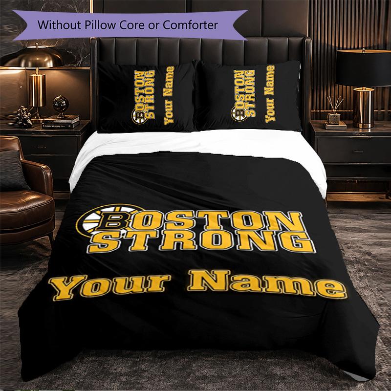 Boston Bruins Customized Name Text Bedding Set, 1 Duvet Cover & 2 Pillowcases Personalized Bedroom Gift