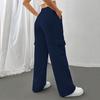 Women Cargo Pants Elastic Waist Adjustable Drawstring Straight Wide Leg Trousers Solid Color Sport Long Pants