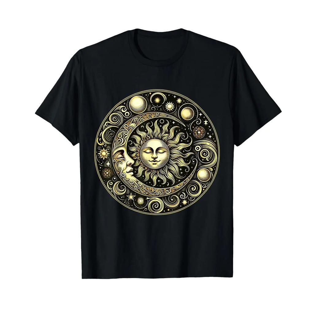 Celestial Moon and Sun T Shirt vintage Washed Slightly Casual Soft Stylish Comfortable Breathable Stretched Versatile graphic