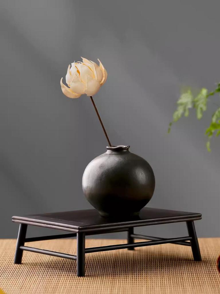 Red acid branch Ming style ornament Buddha statue solid wood base rectangular strange stone vase pot purple sand bracket