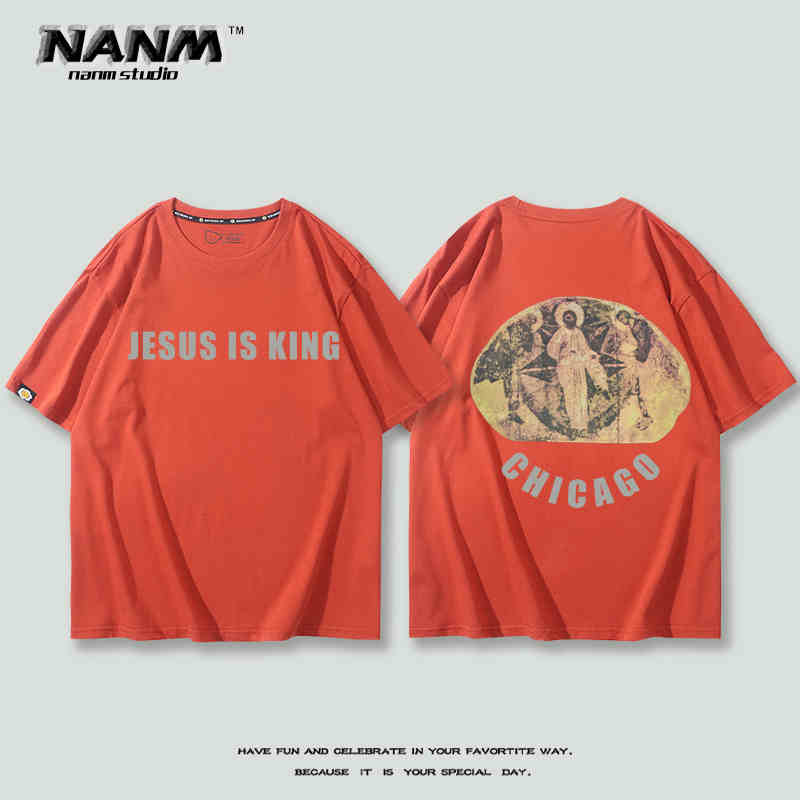 2024 New Fashion KANYE with Short Sleeve T-shirt Boys Kanye Music Festival Three Gods Religious Oil Loose Hip Hop Half Sleeve