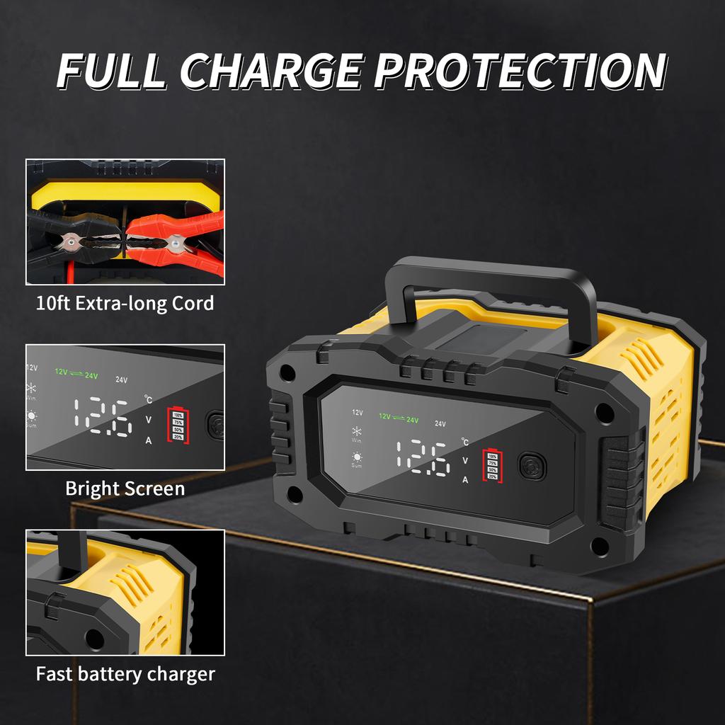 Car Battery Charger with Temperature Compensation LCD Display Automotive Charger Portable Battery Maintainer Trickle Charger