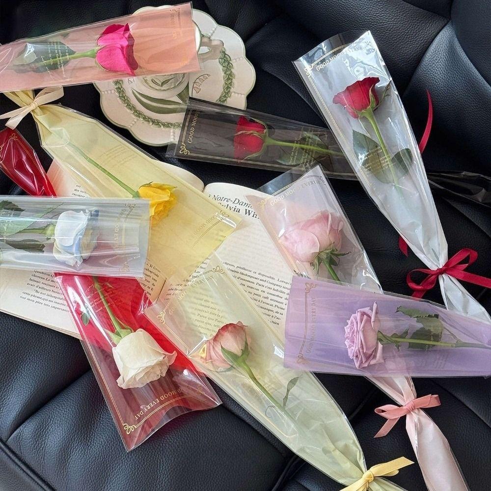 50pcs Transparent Single Rose Sleeves Waterproof Bouquet Packaging Sleeve Anniversary